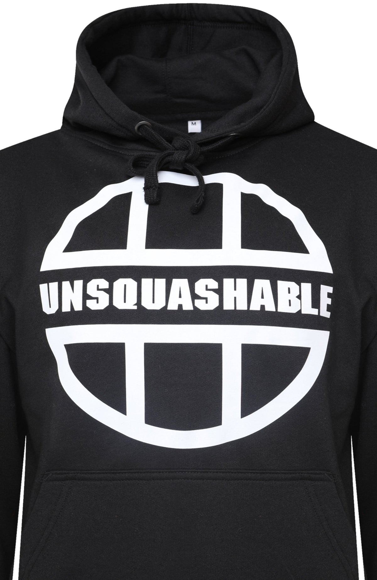 UNSQUASHABLE Original Hoodie - black and white logo zoomed in on logo